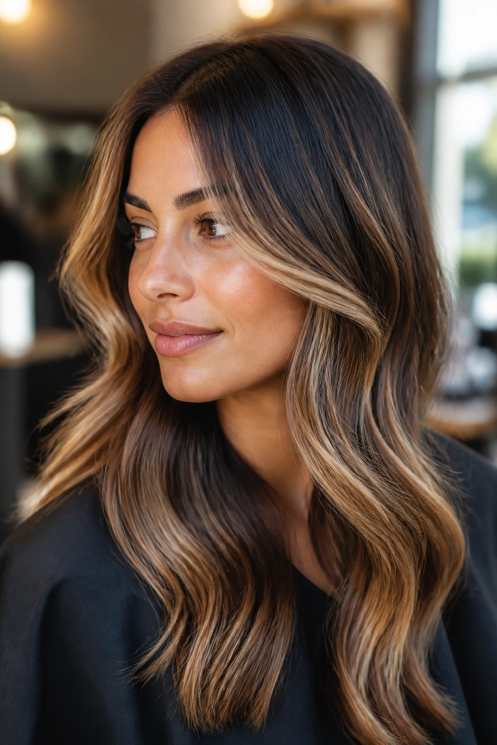 Close-up portrait showing caramel and beige face-framing balayage on medium skin