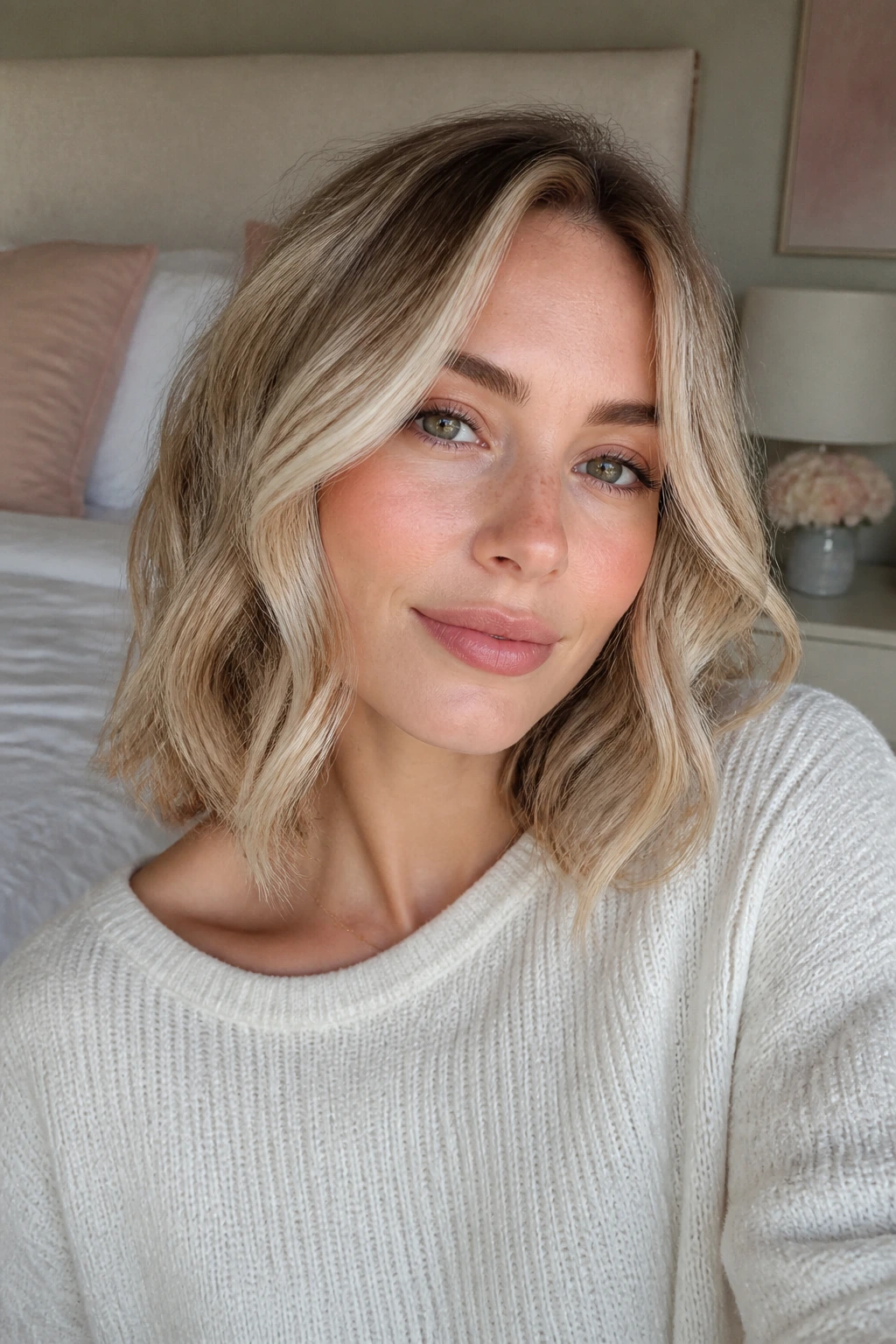 Close-up portrait of a real woman with almond-cream balayage lob and soft waves