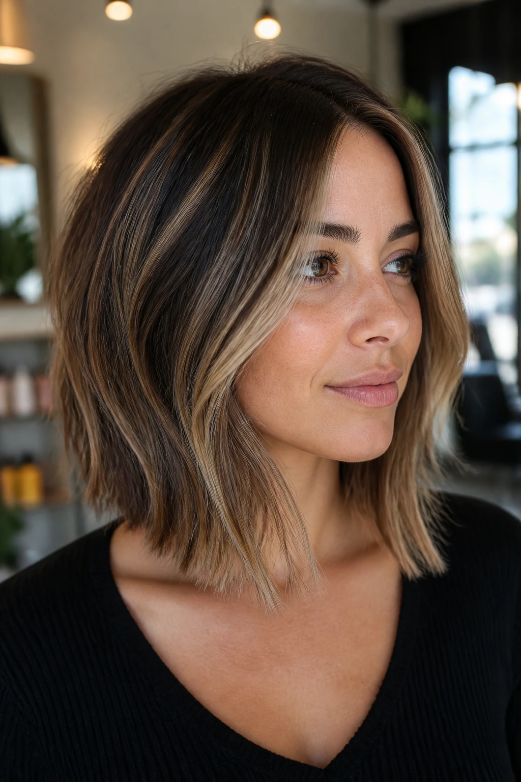 Close-up of a woman with balayage lob and face-framing highlights creating depth and density