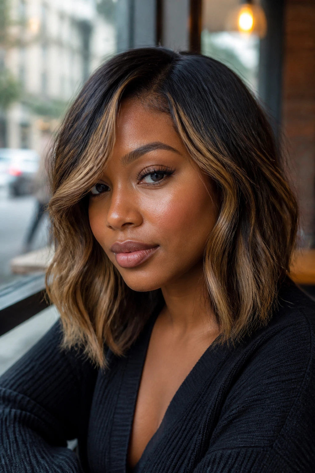 Close-up of a real Black woman with balayage lob showing lived-in dimension