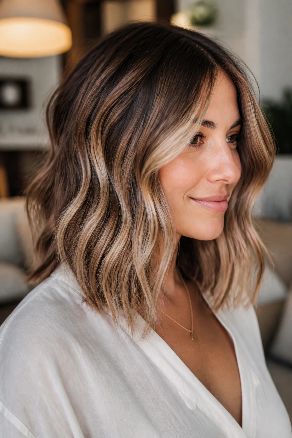 Real woman with balayage ribbons in a shoulder-length lob, waves catching light.