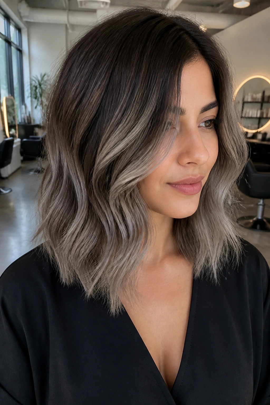 Close-up of a person with smoky brown-to-grey balayage lob highlighting the transition.