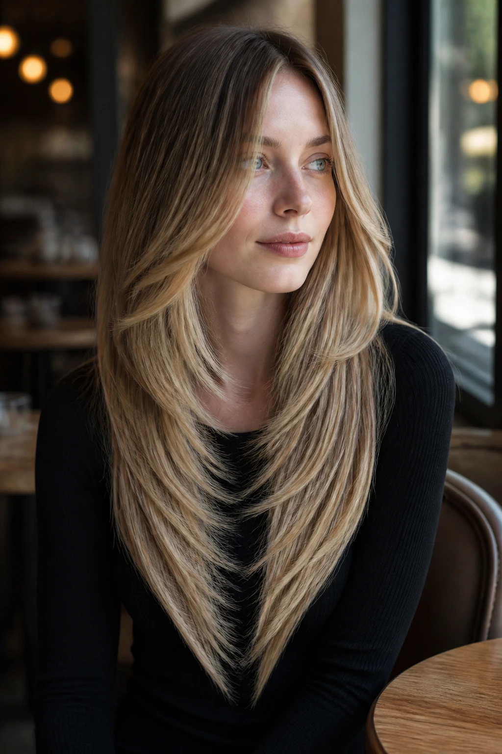 Medium close-up of a woman with long V-cut balayage looking toward camera