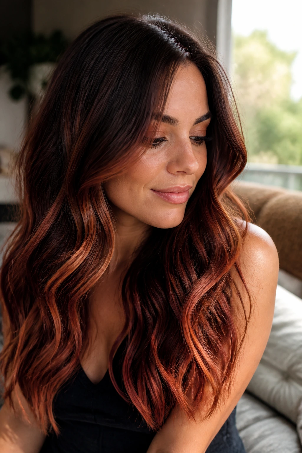 Close-up portrait of a real woman with flame-tipped balayage on long waves in warm window light