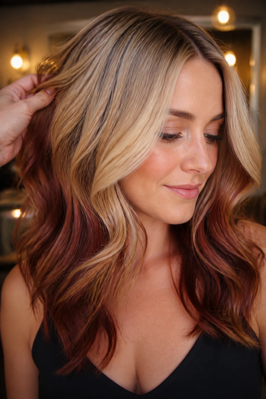 Close-up of chestnut-mahogany balayage on a blonde base highlighting gradient color.