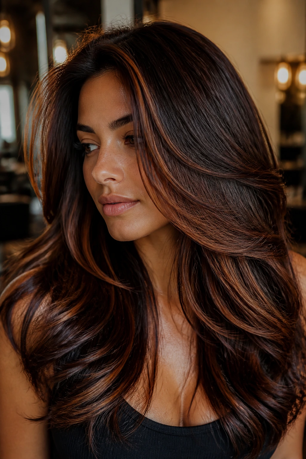Real woman with mahogany and cinnamon balayage around the front layers