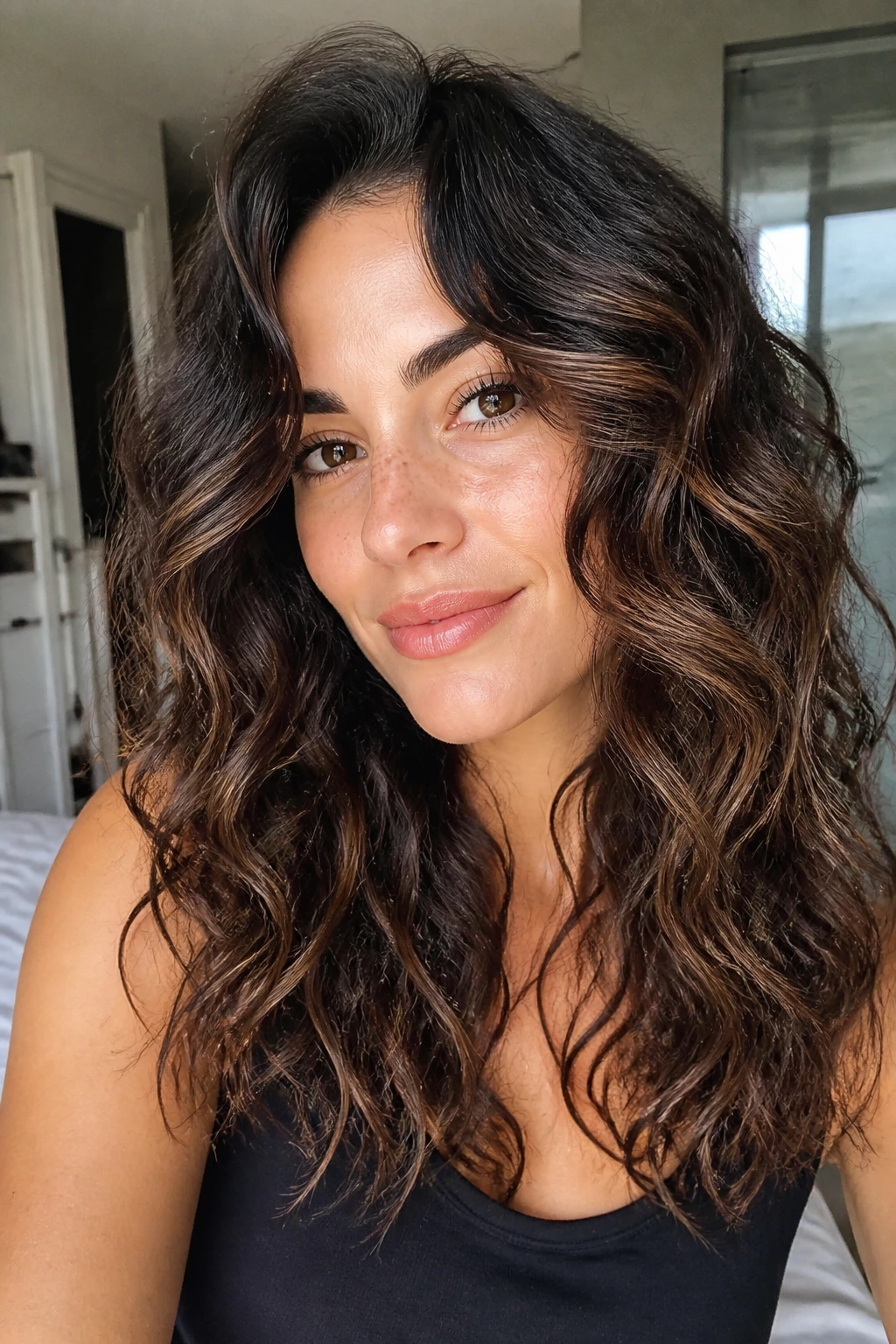 Healthy glossy brunette balayage close-up portrait