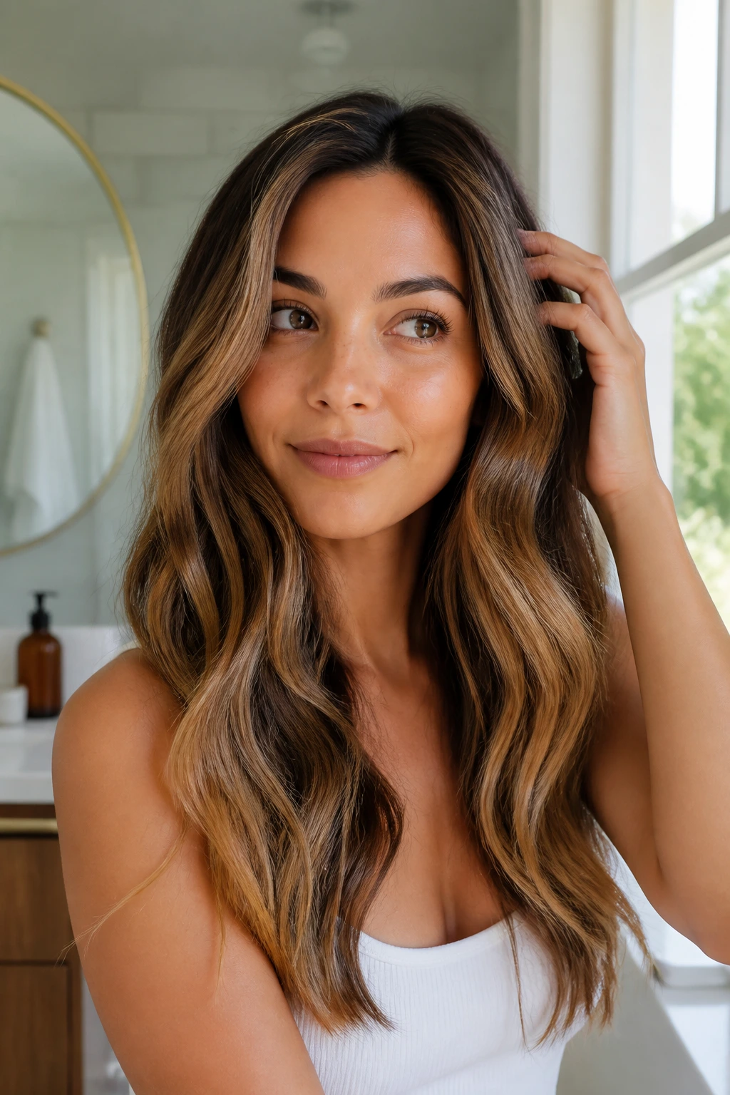 Model with fresh balayage gloss and soft waves in bright light