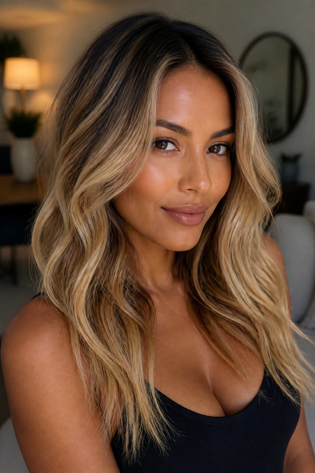 Close-up of a real woman with glossy, well-maintained blonde balayage in a cozy room