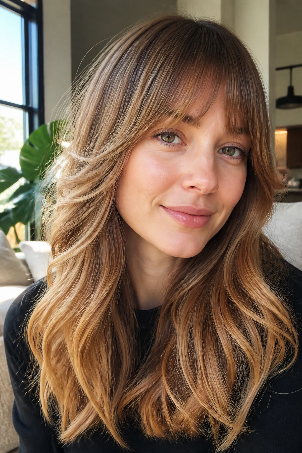 Portrait of a woman with maple-glaze ends and soft fringe