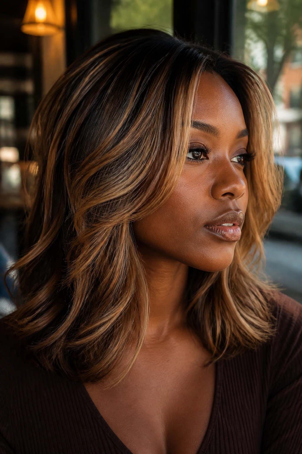 Close-up of layered hair with maple beige ribbons on a real person