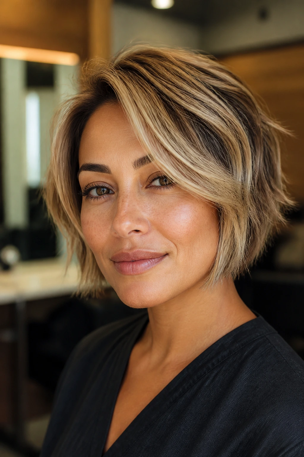 Portrait of a model with medium skin tones showcasing balanced blonde balayage on a short haircut