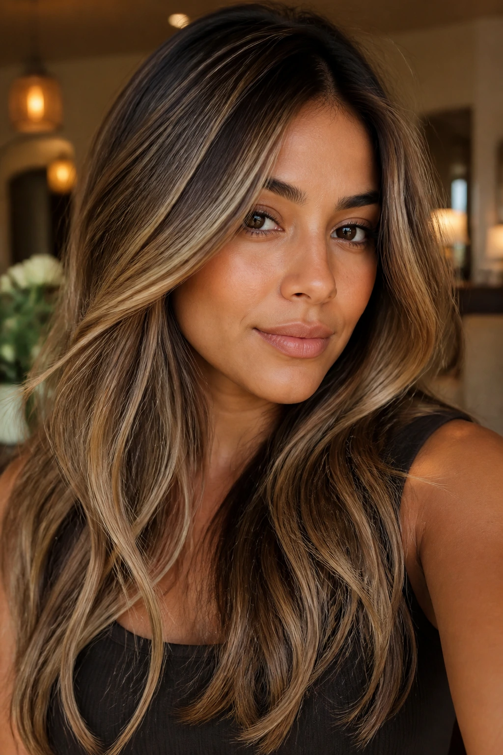 Portrait of a real person with balayage that flatters medium skin tones.