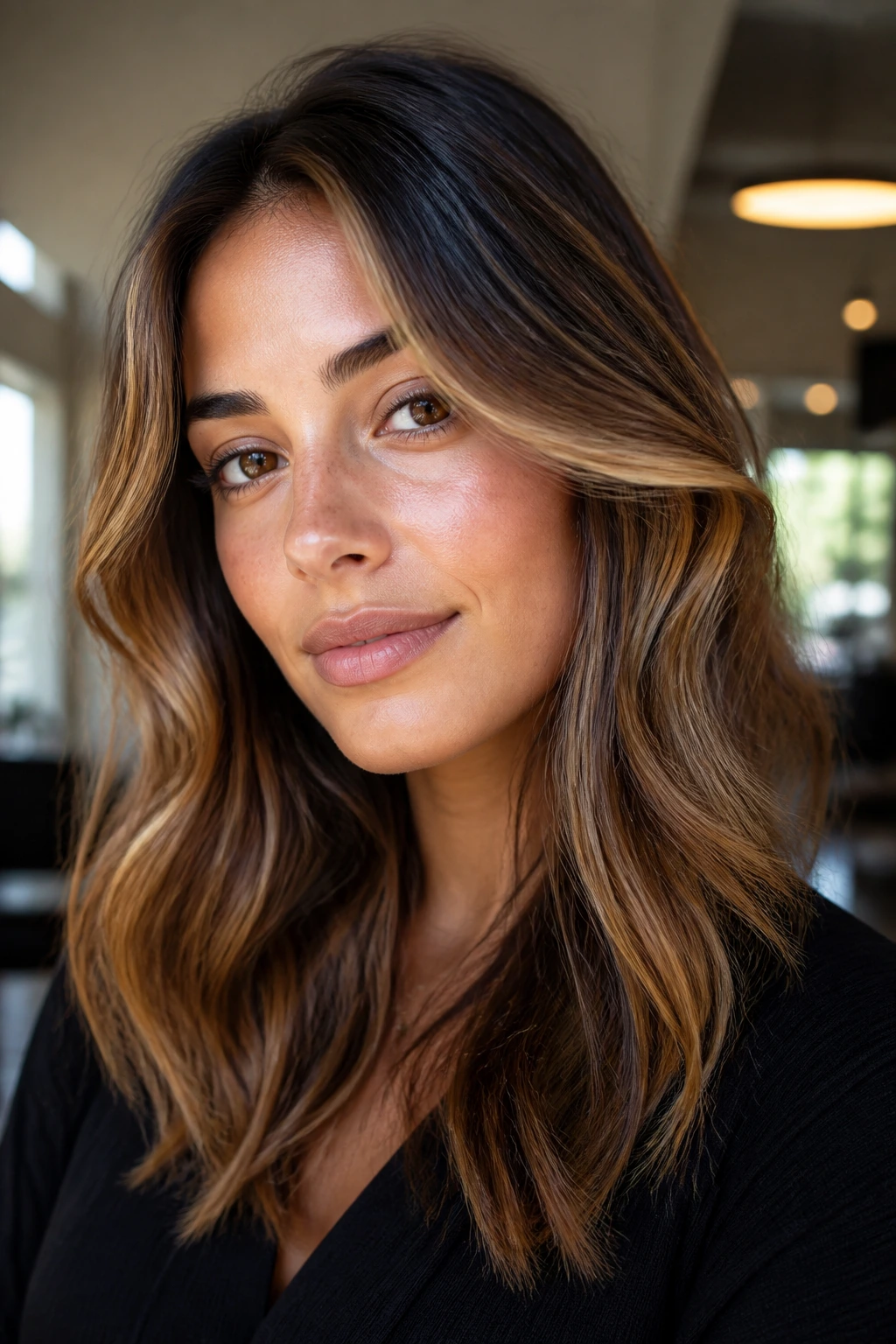 Close-up of a real woman's face with medium skin showing face-framing balayage.