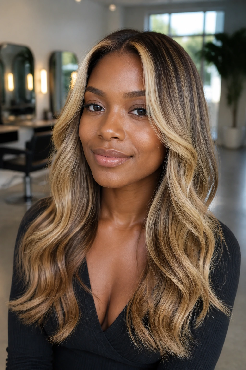 Close-up of a real woman with multi-toned blonde hair showing balayage melt