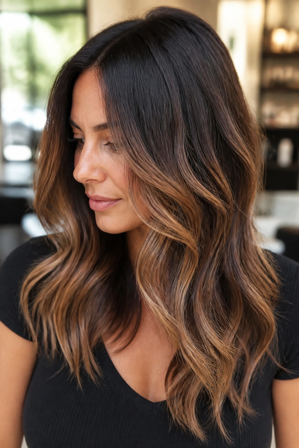 Mid-length caramel balayage on dark hair close-up