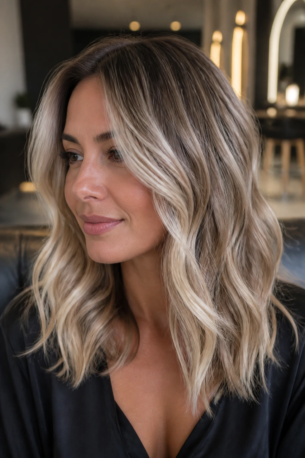 Pearl blonde balayage on midlength wavy hair of a real person