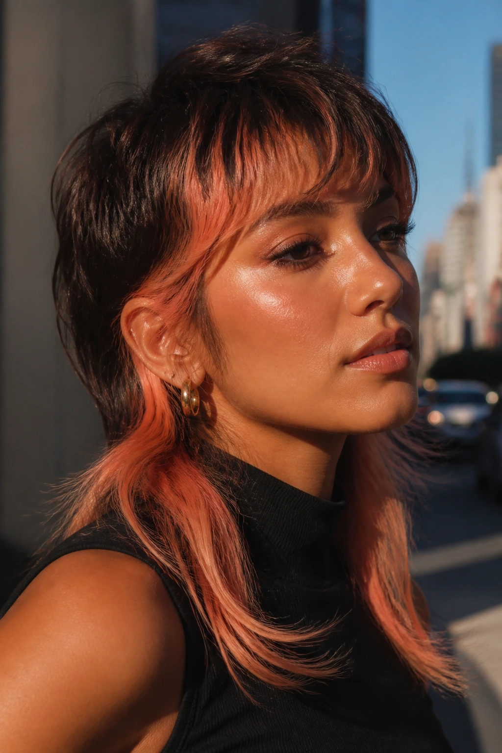 Close-up of a real woman with modern mullet and peach panels balayage