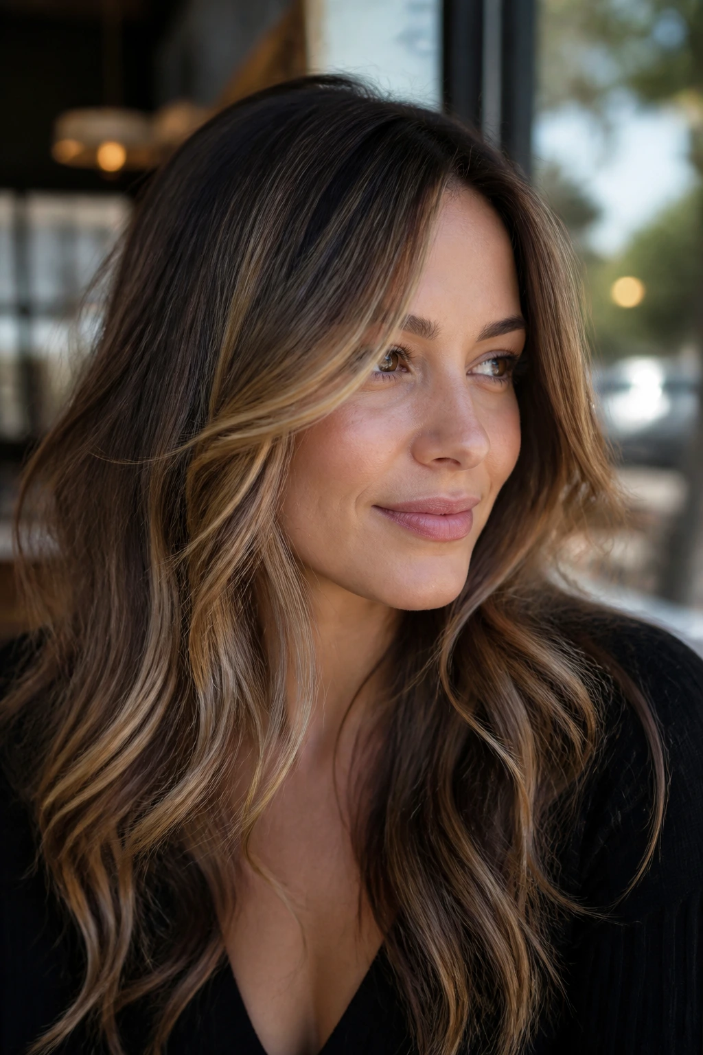 Close-up portrait of a woman with balayage money pieces framing her face.