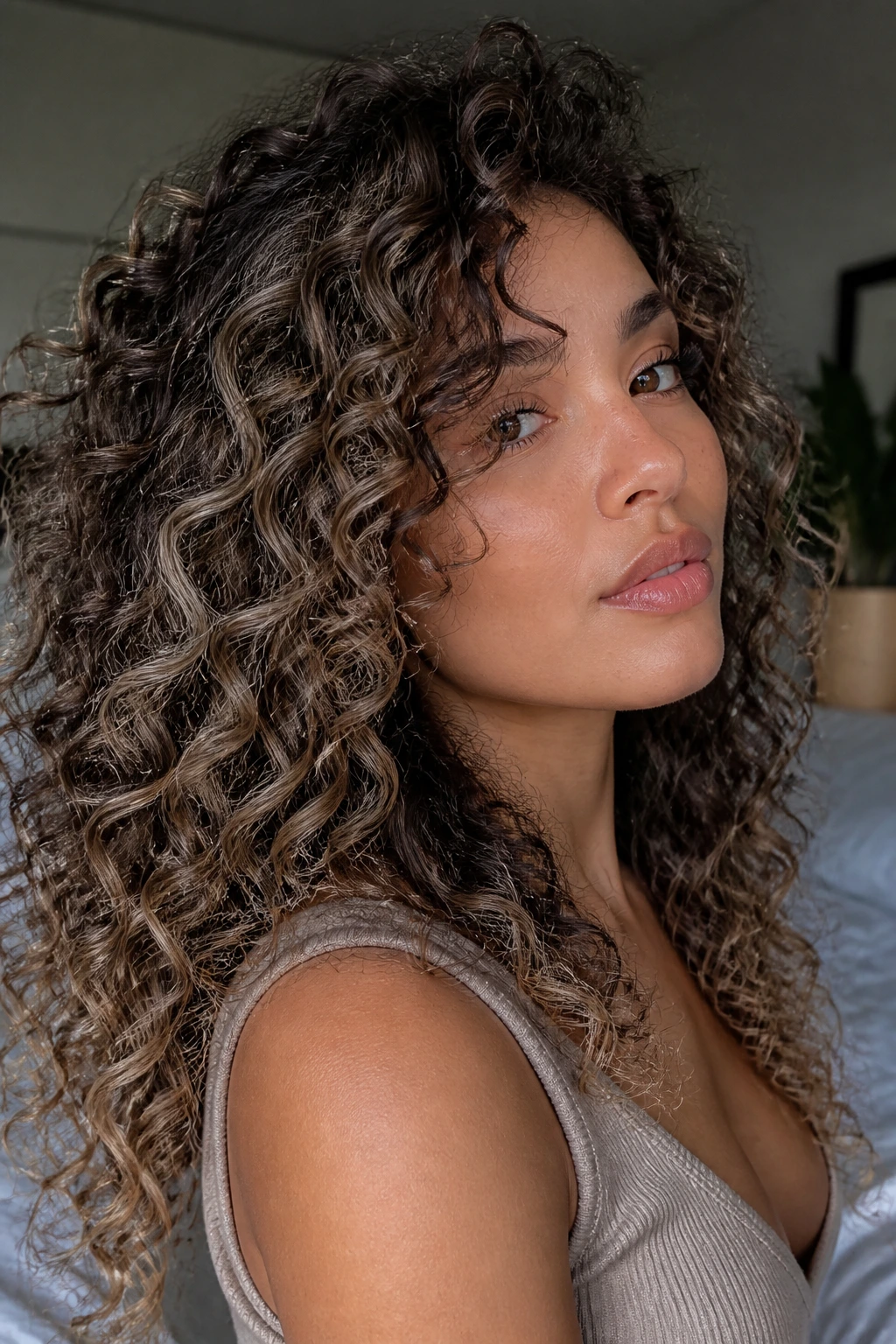 Close-up of curly hair with cool beige ribbons blending into mushroom brown