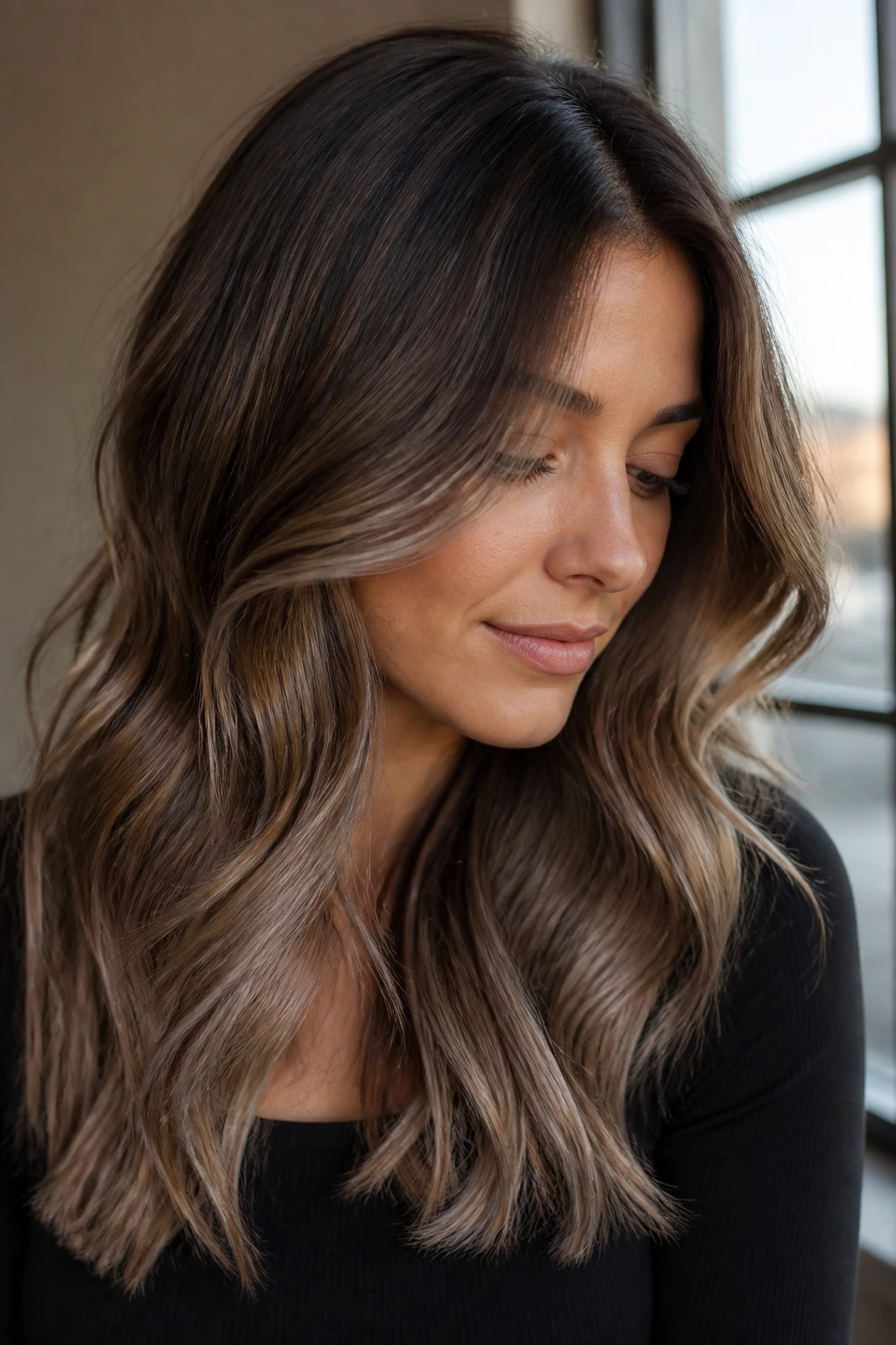 Portrait of person with mushroom mocha melt balayage