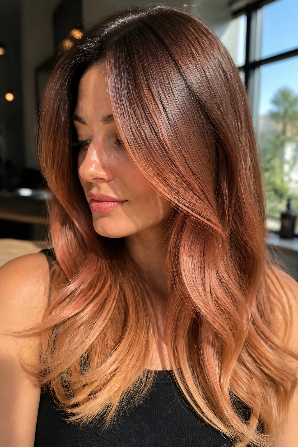 Close-up portrait of a real woman with Maple Strawberry Balayage showing maple roots, strawberry mid-lengths, and golden ends in warm salon light