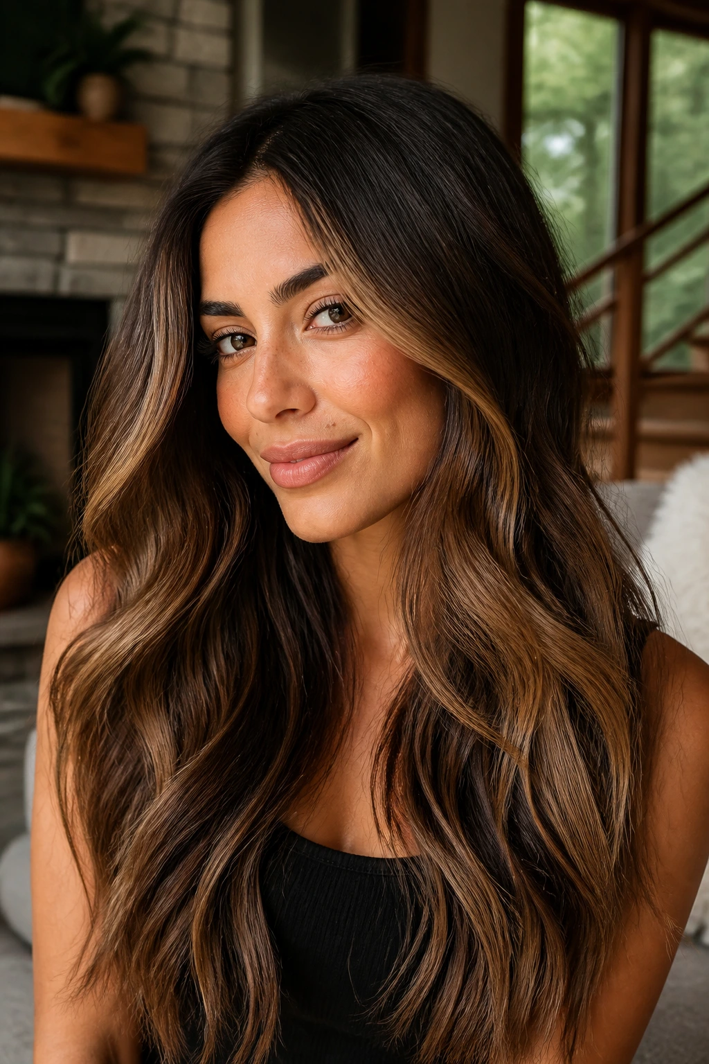 Close-up portrait of olive-skinned person with thick hair displaying beige caramel bronde balayage around the face.