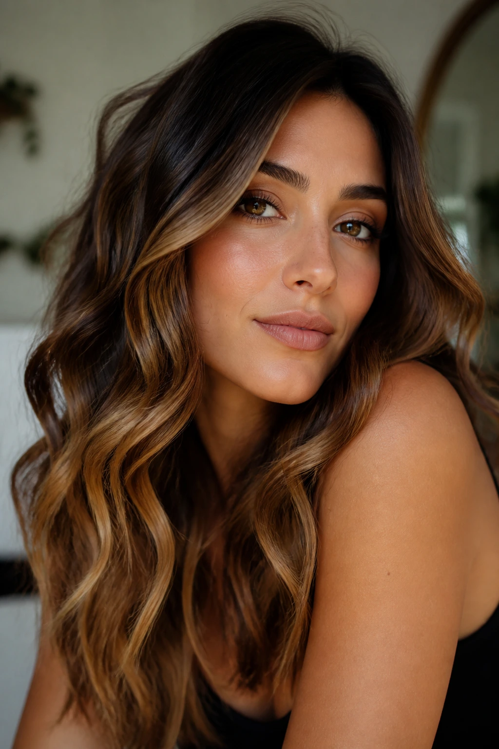 Close-up portrait of olive-skinned woman with golden-brunette balayage framing the face