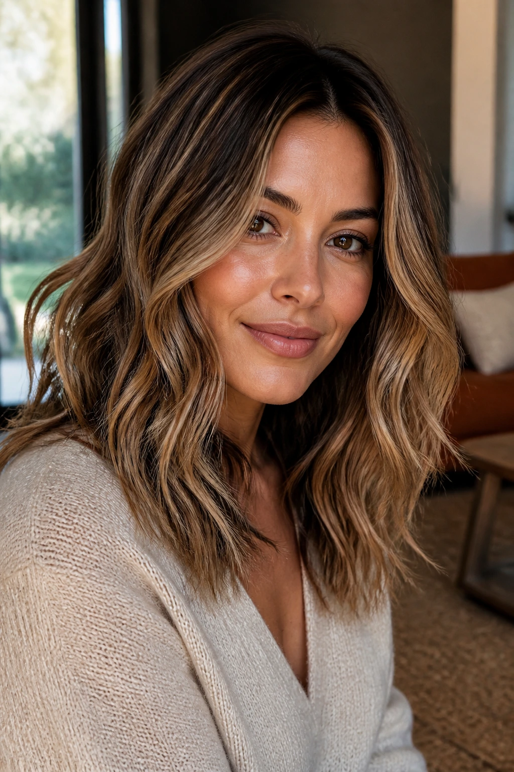 Close-up portrait of a real woman with vanilla chai balayage on wavy hair, olive skin