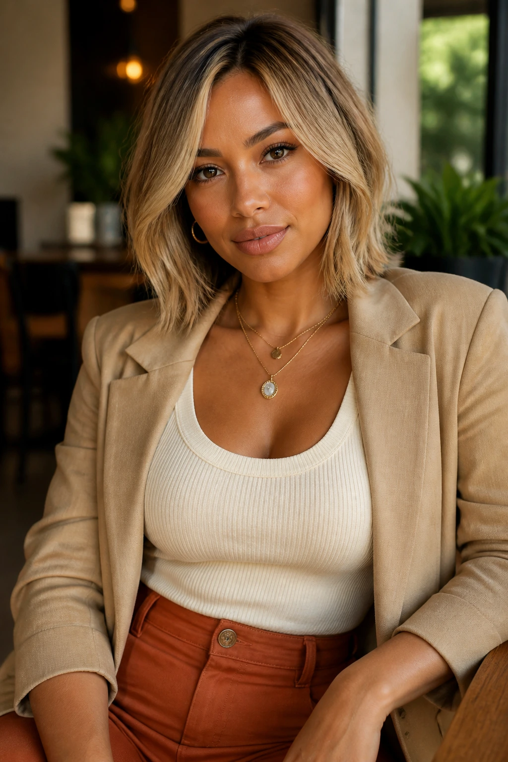 Portrait of a real woman with blonde balayage wearing coordinated outfit.