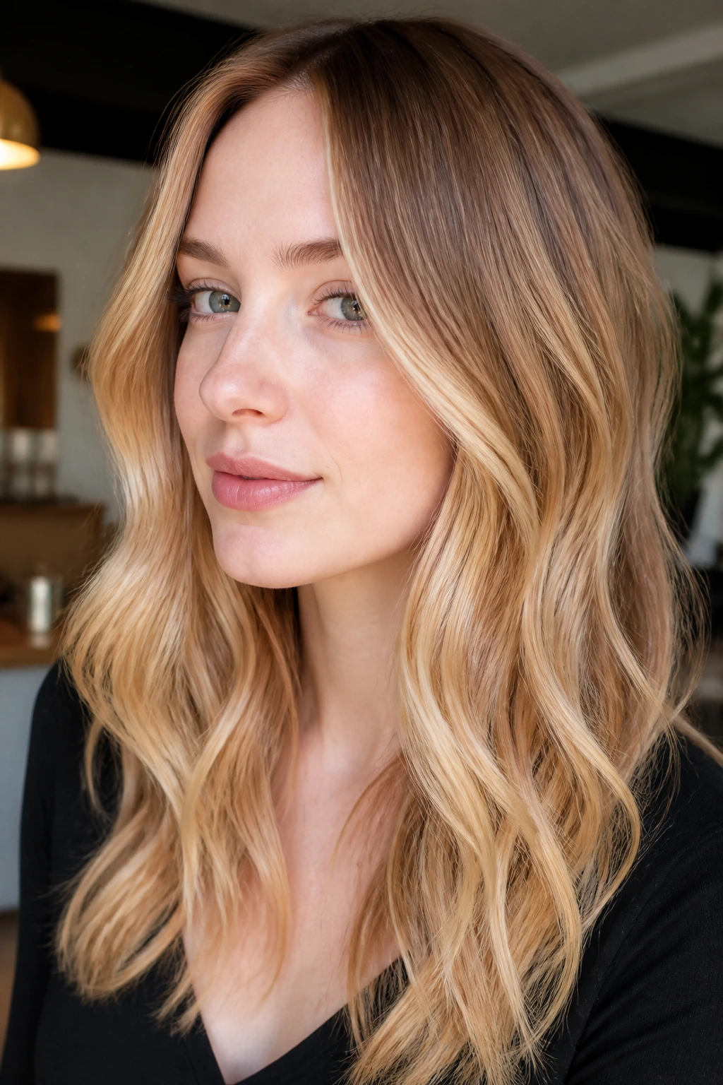 Close-up of pale skin with golden beige-gold honey balayage showing flattering effect