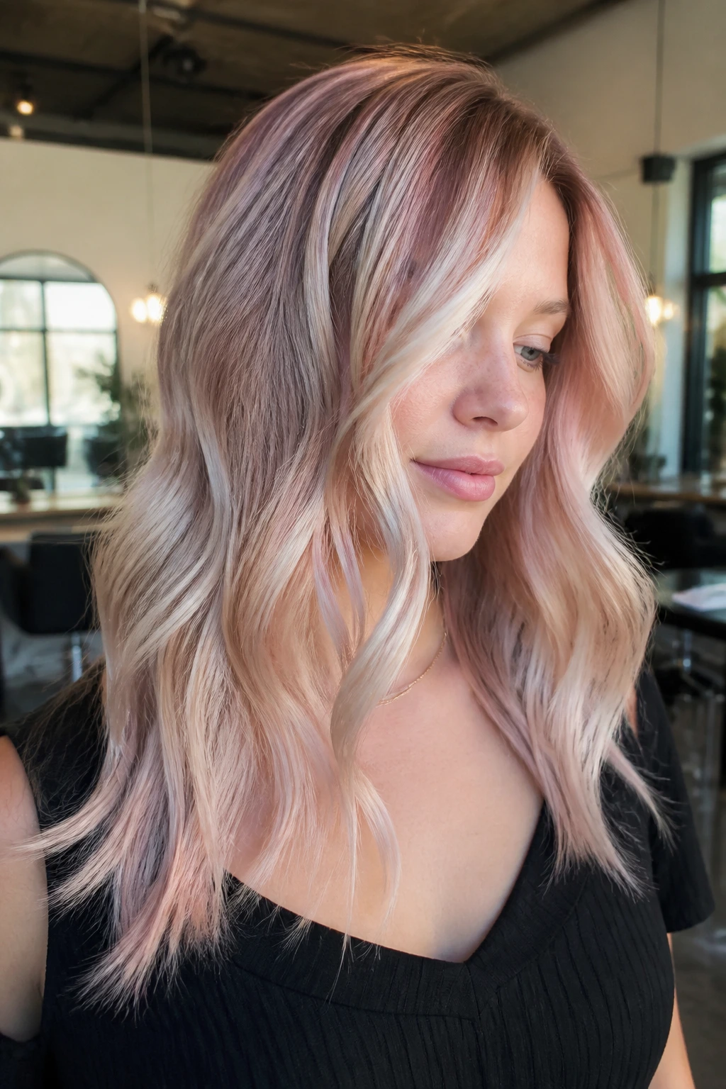 Portrait of a real woman with pearl-rose balayage ribbons in hair