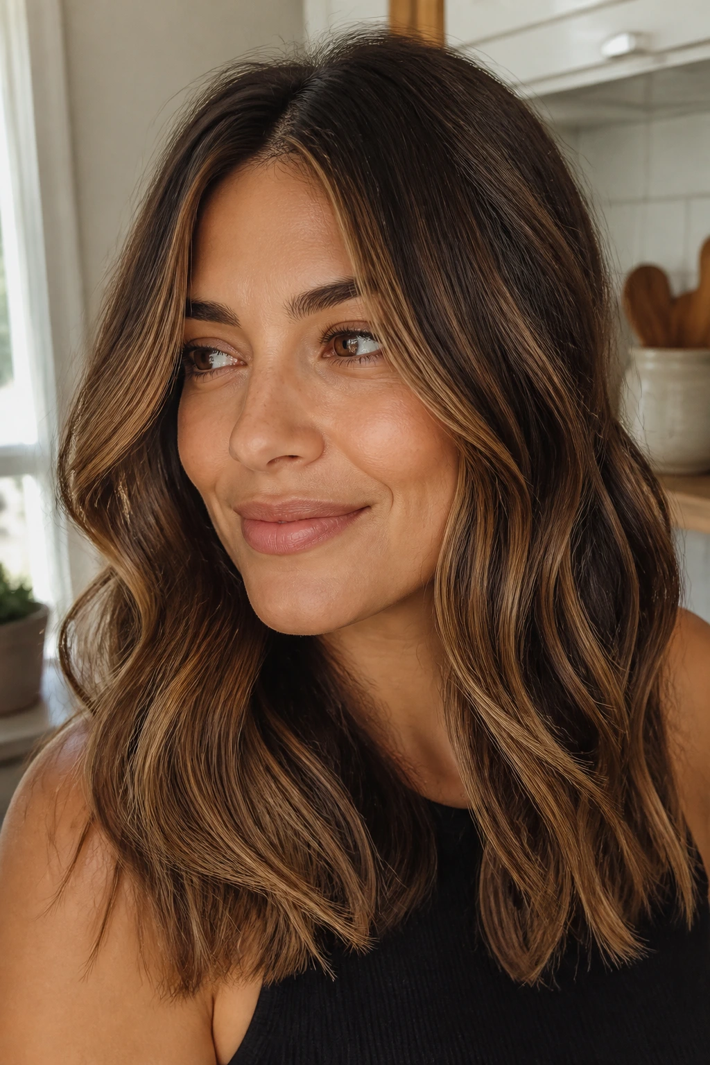 Close-up portrait of a real brunette with toasted pecan ribbons balayage.