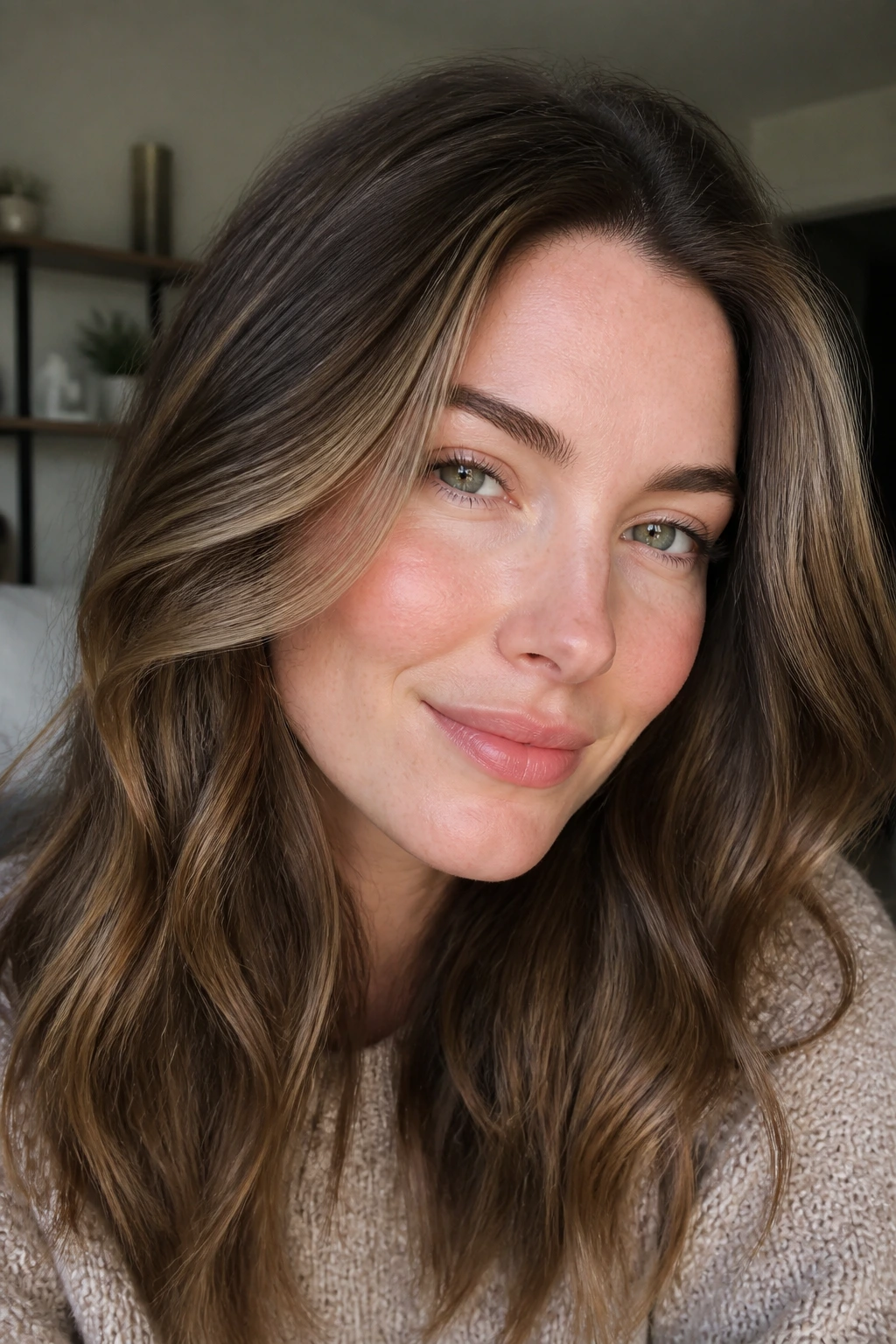 Close-up portrait of a real woman with cool beige caramel balayage for pink undertones, soft ribbons near temples