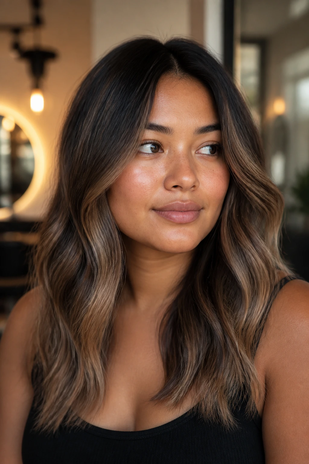 Close-up portrait showing placement rules for round face balayage
