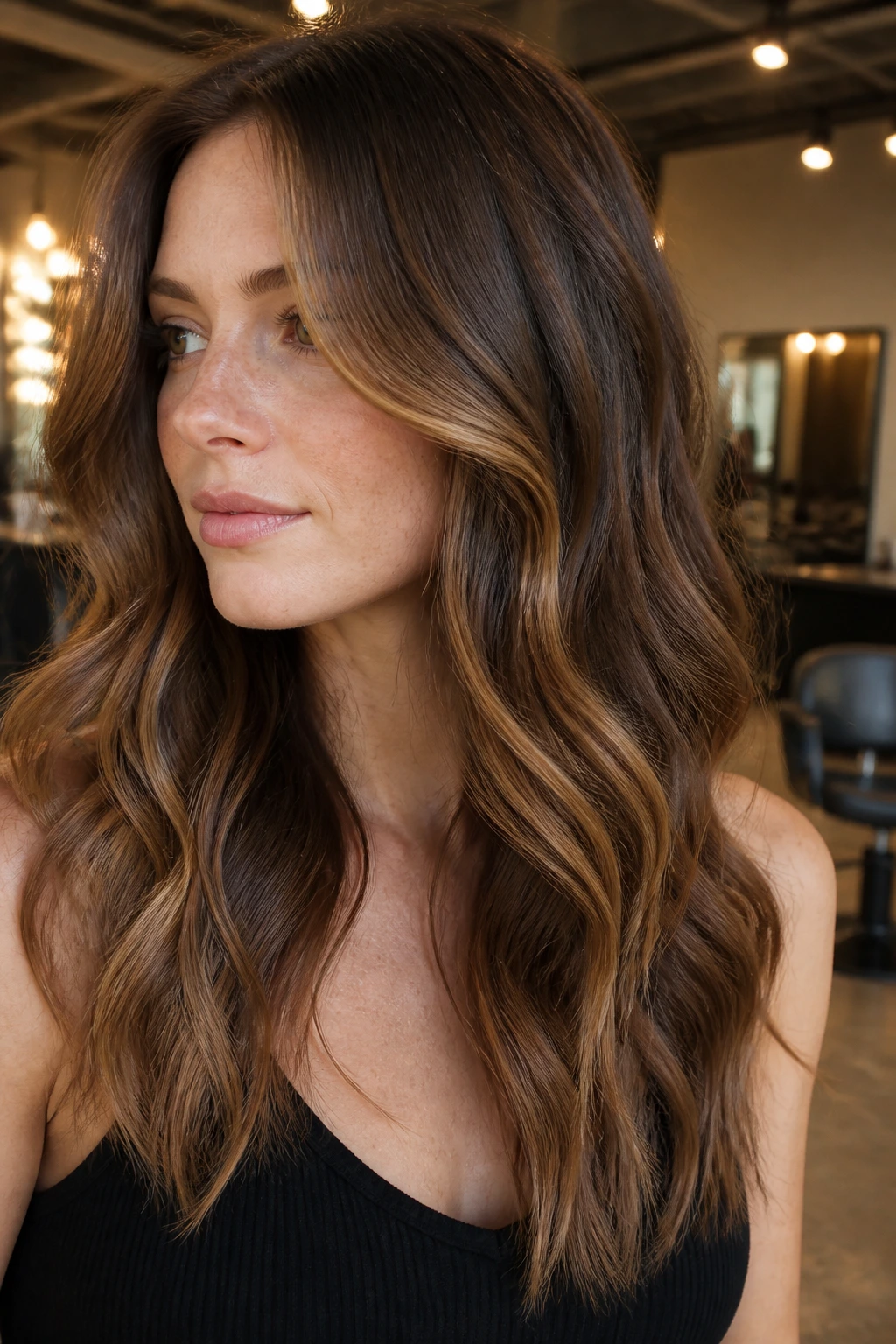 Portrait highlighting soft balayage placement around face and ends with root shadow