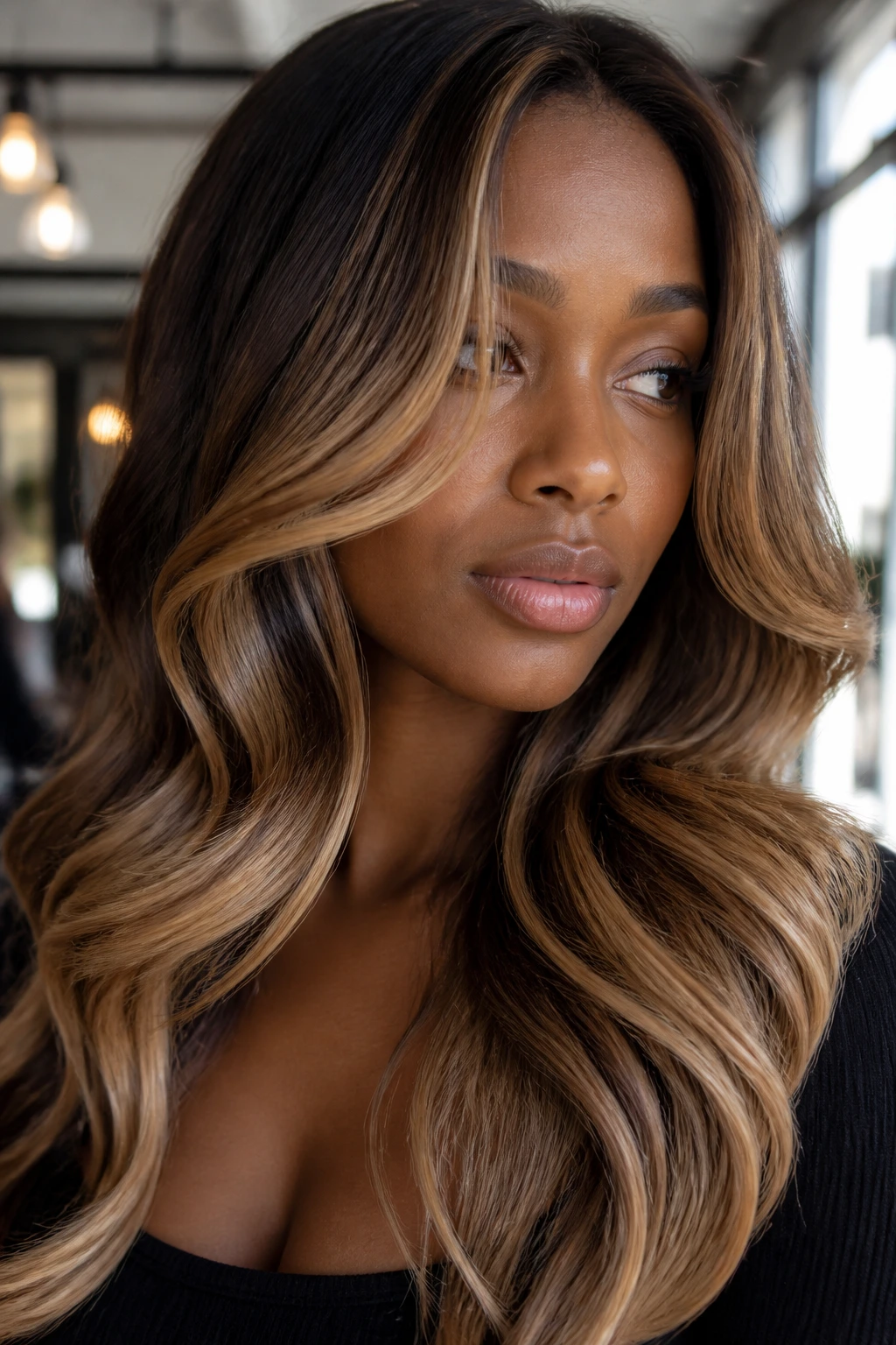 Close-up of hair with face-framing placement emphasizing balayage warmth on a real person