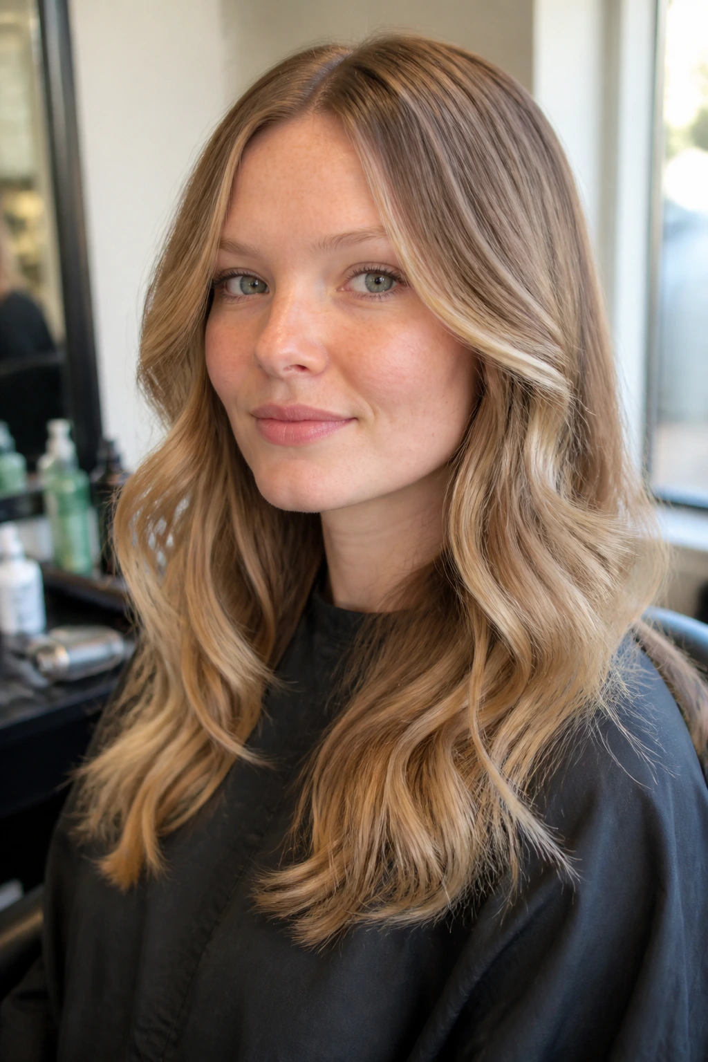 Portrait of a confident client in a salon chair with hair color placement clearly visible.