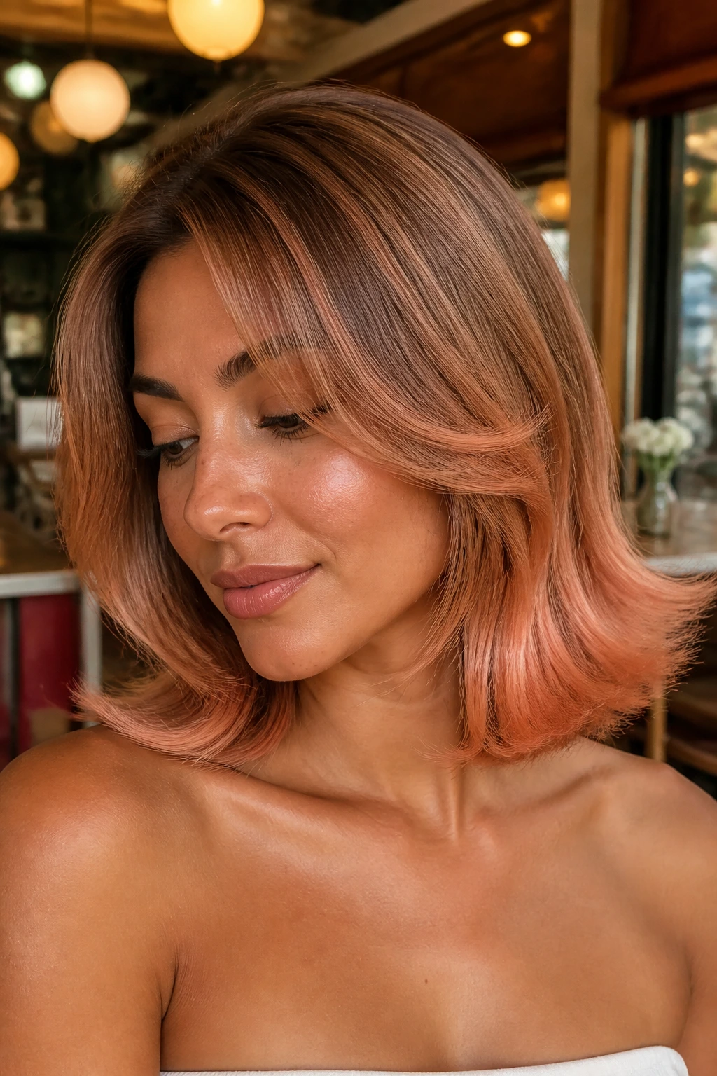 Close-up of a real woman with retro flip and strawberry tips balayage