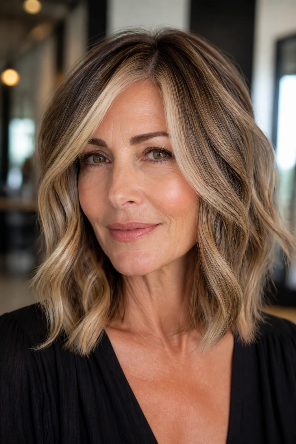 Close-up portrait of a woman with a Balayage Ribbon Bob and soft, blended highlights around the face.