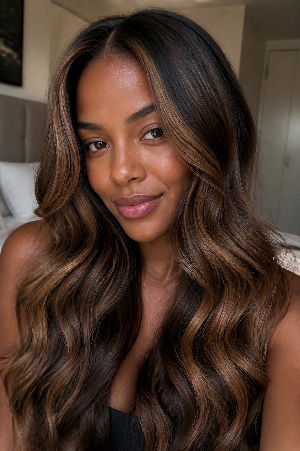Close-up of long wavy hair with chestnut ribbon balayage on a real person