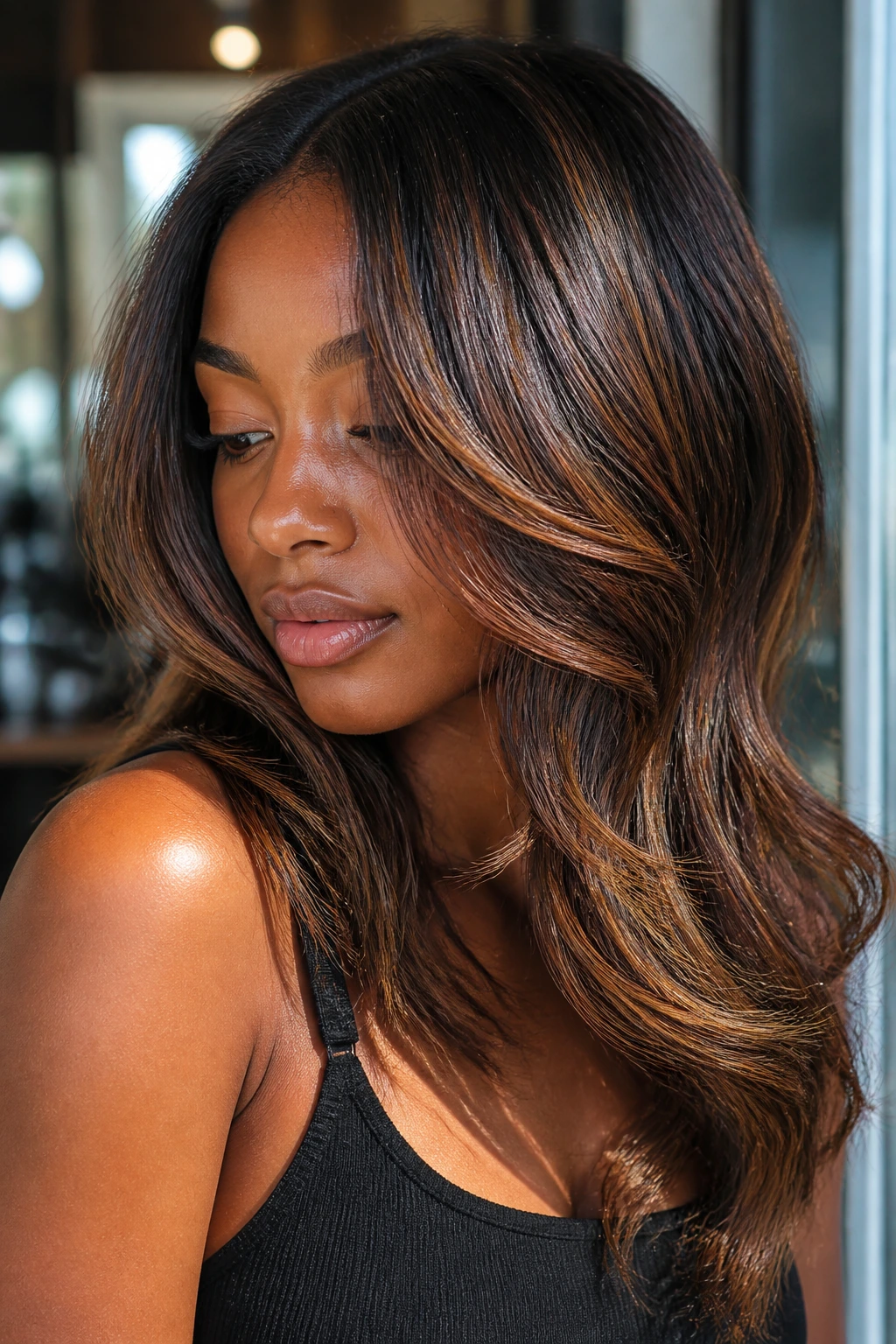 Close-up of ribboned chestnut balayage on layered hair