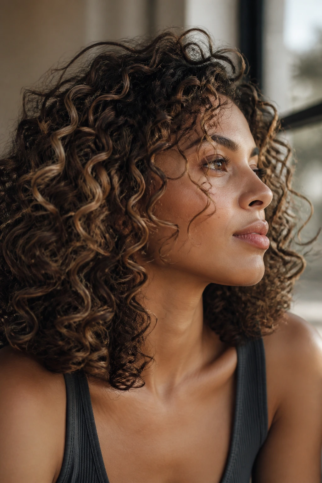 Portrait of a real woman showing balayage ribbons around face and crown on curly hair