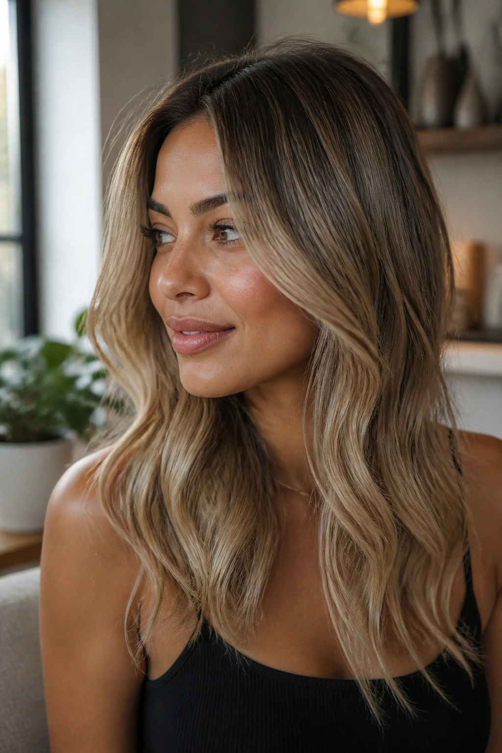 Close-up of a real woman showing balayage with root melt and beige ends on medium skin