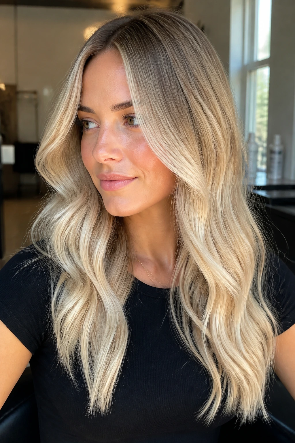 Close-up of a real woman with blended balayage and soft root melt on pale blonde hair