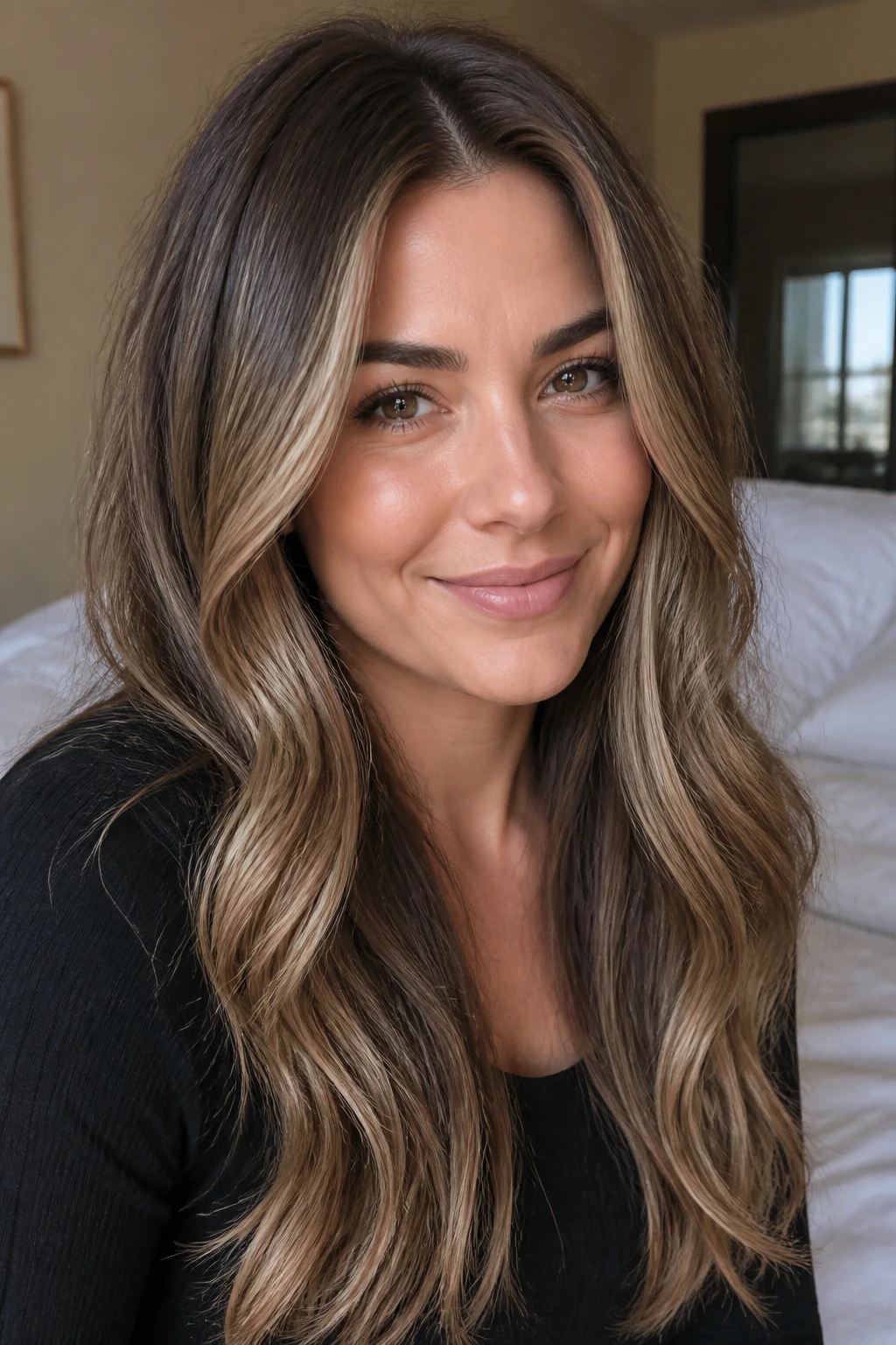 Close-up portrait of a woman with long highlighted hair showing balayage and root shadow