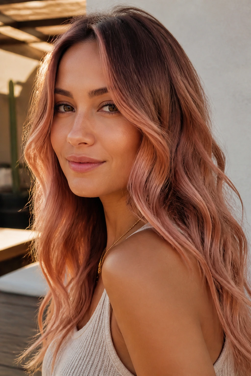 Close-up portrait of a real woman with desert rose gold balayage.
