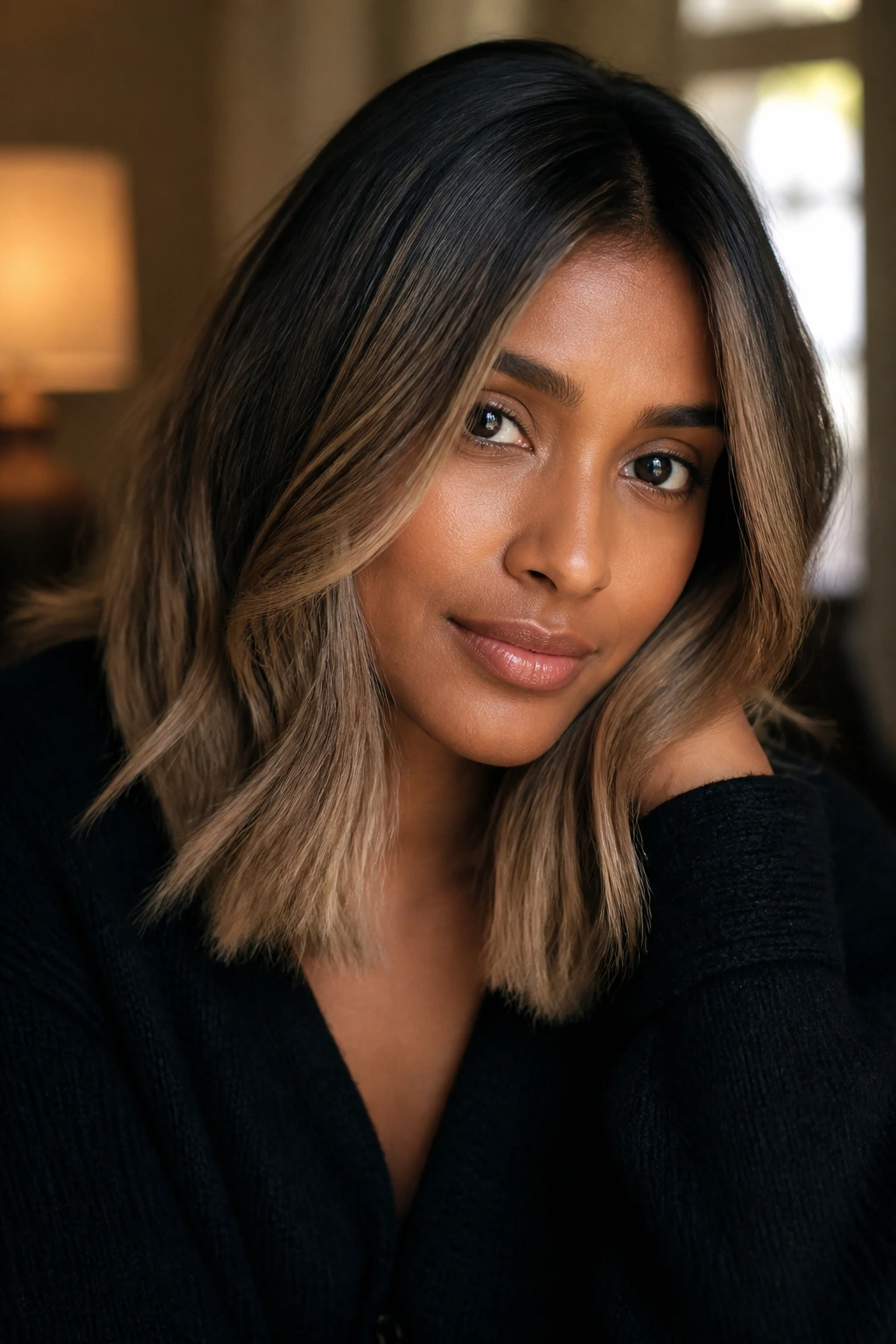 Close-up of soft sable balayage with lived-in roots on a real person