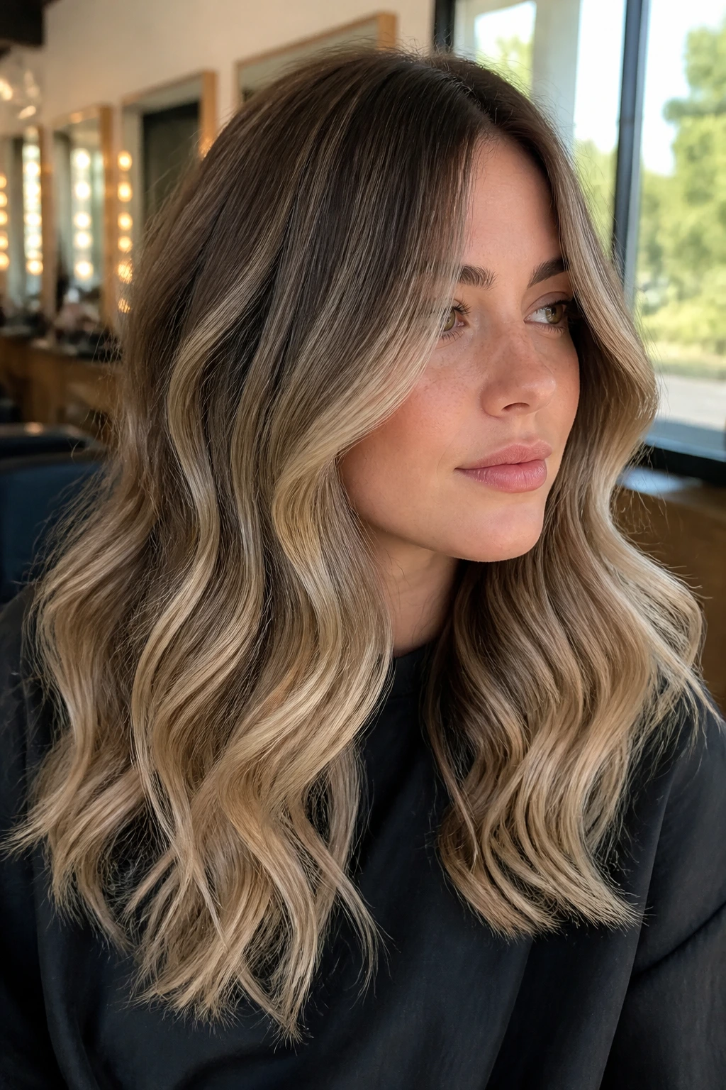 Close-up portrait of a real woman with sandy beige balayage ribbons across mid-lengths and ends, natural window light.