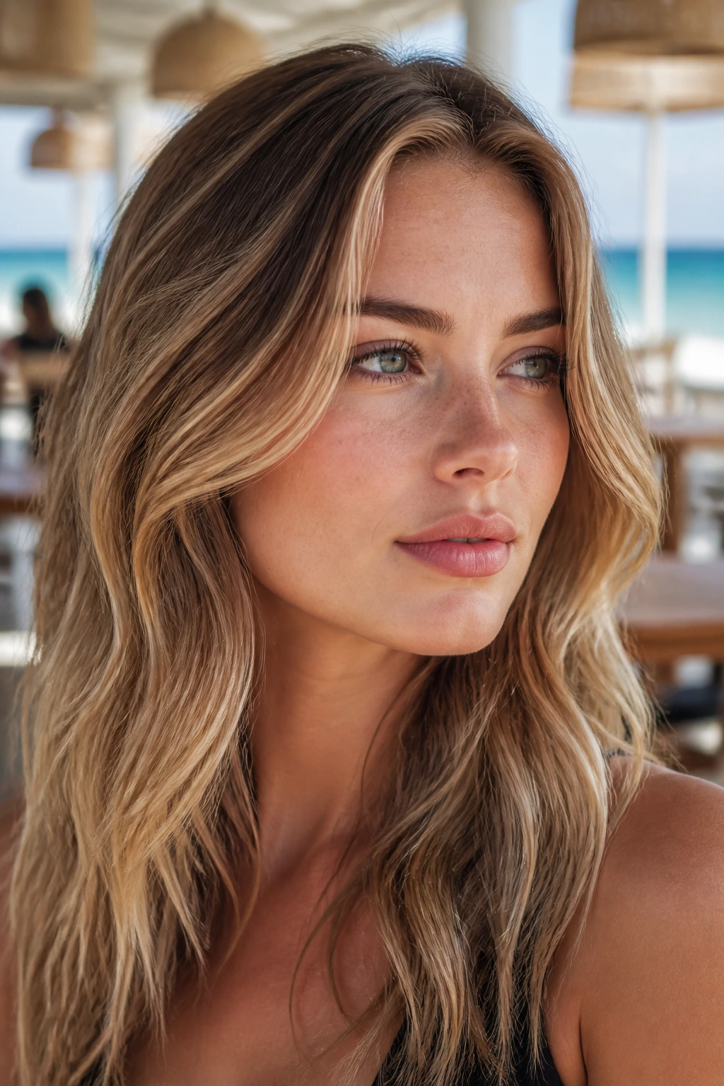 Portrait of a real woman with sandy brunette sweep balayage.